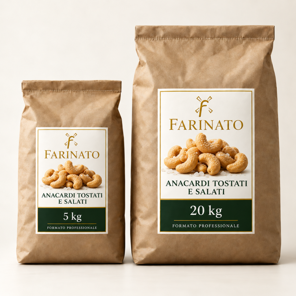 Anacardi tostati e salati Farinato, formati professionali da 5 kg e 20 kg.